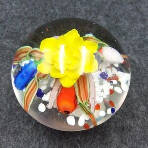 Vintage Art Glass‎ Paperweight Floral Design Colorful Home Decor Round